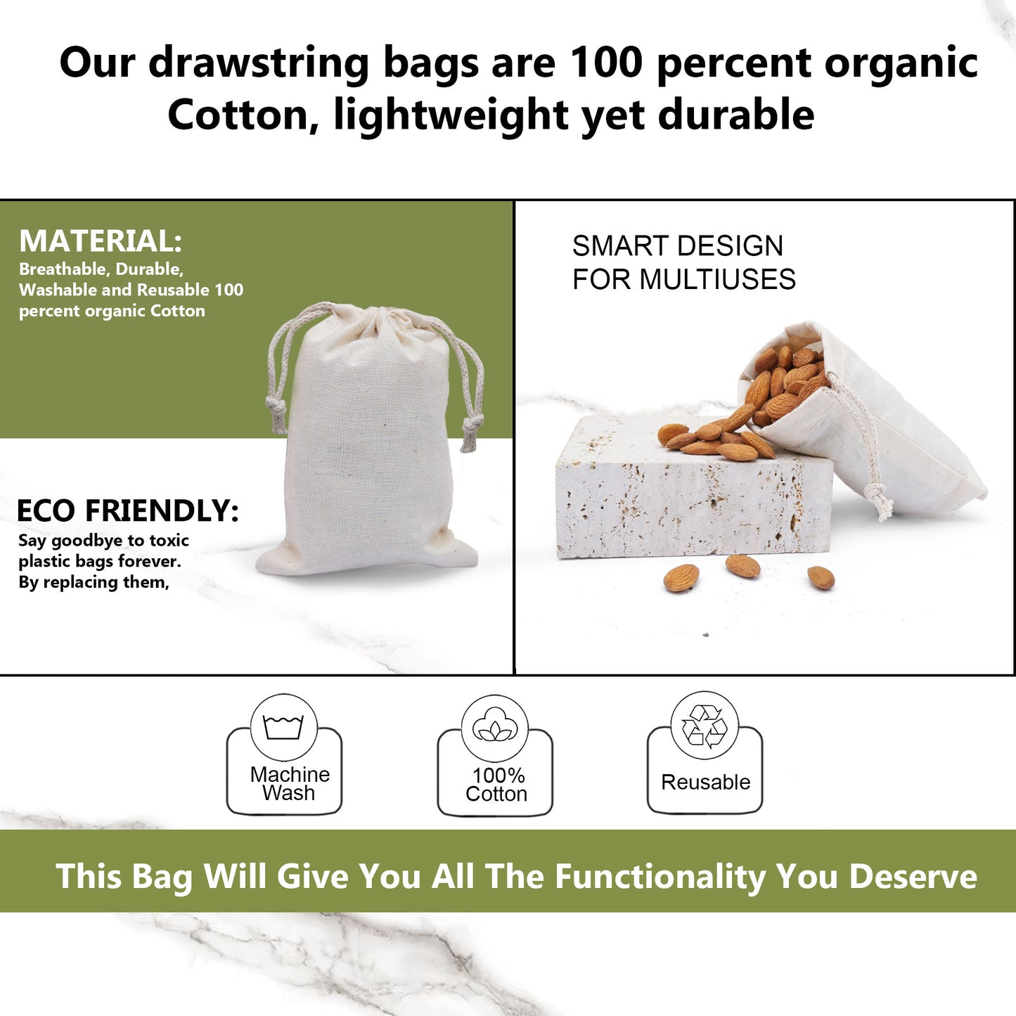 10x12 Inches Reusable Eco-Friendly Cotton Double Drawstring Bags Natural Color